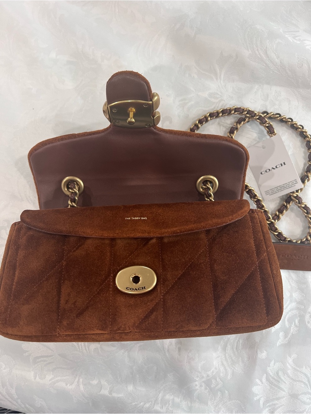 Coach Tabby 20 Quilted Suede Shoulder Bag in Warm Brown with Gold Chain - Picture 3 of 9